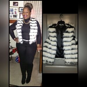 City Chic Black and White Striped Fur Vest